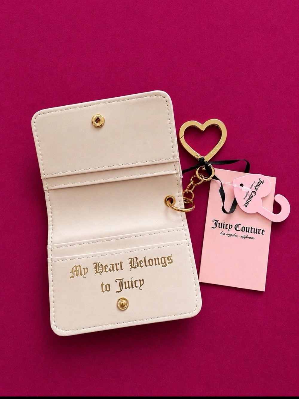 NWT Juicy Couture Cream Pink Card Holder Wallet Keychain With Charms ID Window - Picture 4 of 9
